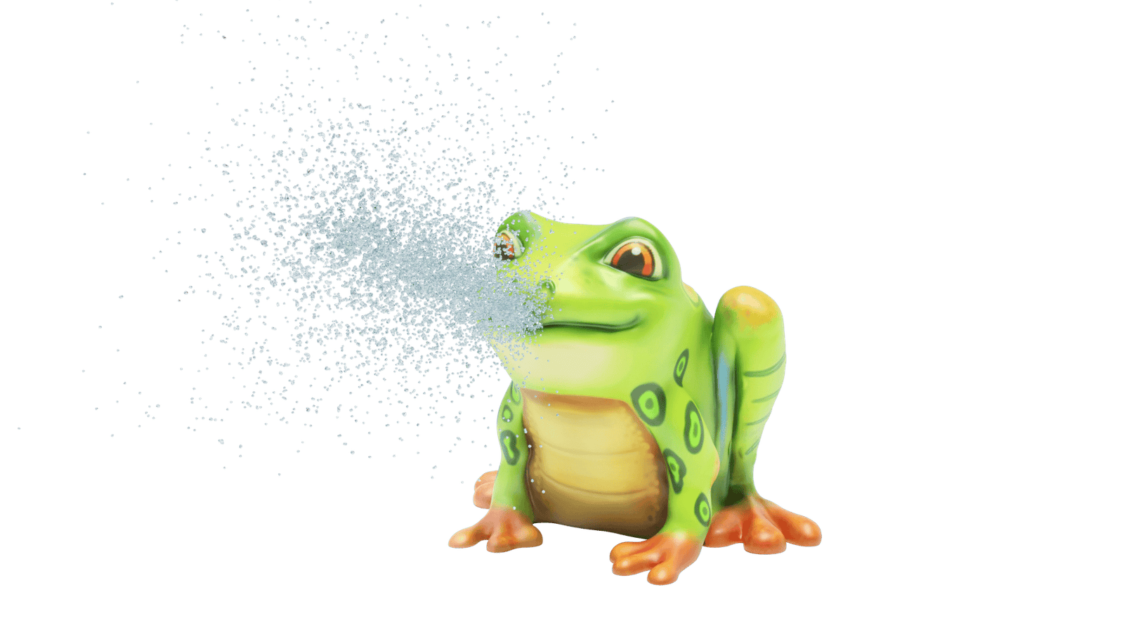 Green ceramic frog statue spraying water, isolated on white