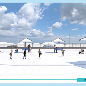 City of Muskego Splash Pad with people enjoying the water splash area.