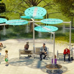 Mist Breeze™ solar-powered misting station with benches and people cooling off